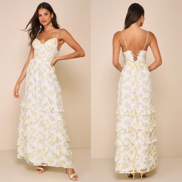 Lulus Dresses & Skirts - Lulus Gorgeous Occasion Cream Floral Burnout Lace-Up Tiered Maxi Dress M Wedding